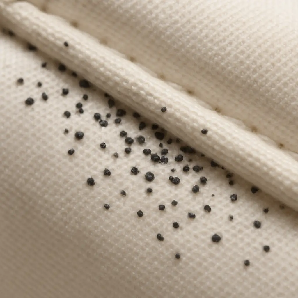 Déjections de punaises de lit (taches noires) sur un matelas - signe d'infestation