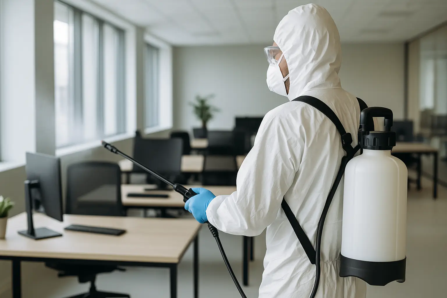 Professionnel en tenue de protection effectuant une décontamination et désinfection dans un espace professionnel en Savoie - SOSPUNAISE73