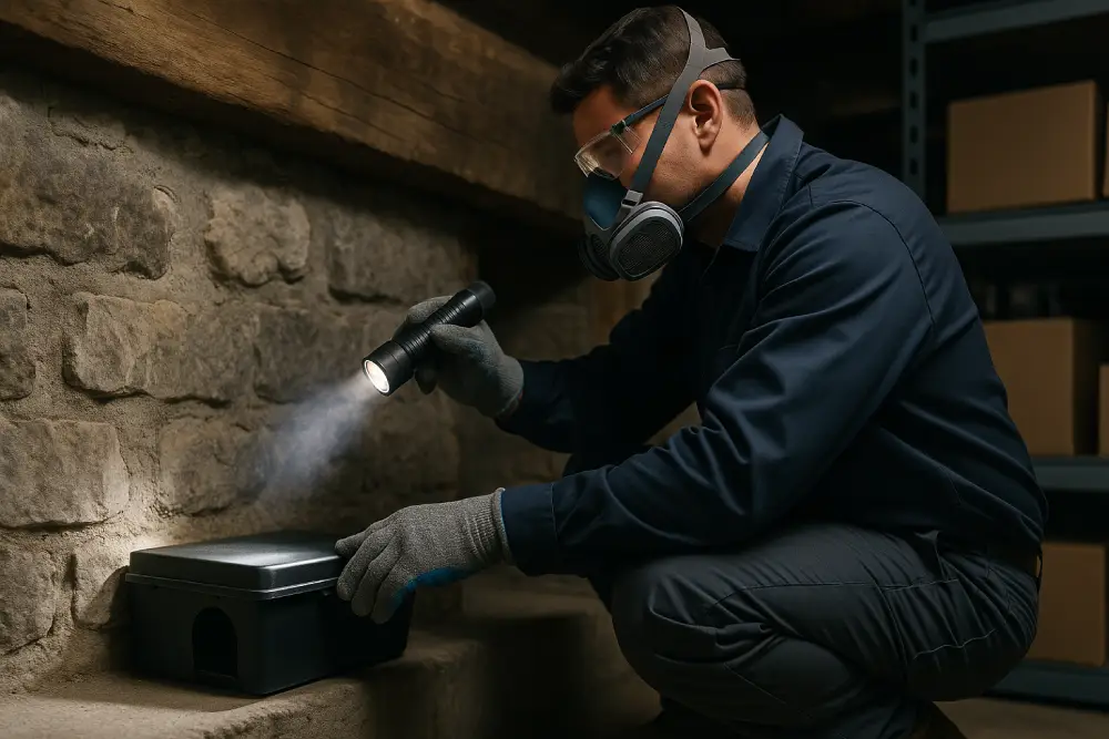 Professionnel de la dératisation en tenue de protection plaçant un piège à rats sécurisé en Savoie - SOSPUNAISE73