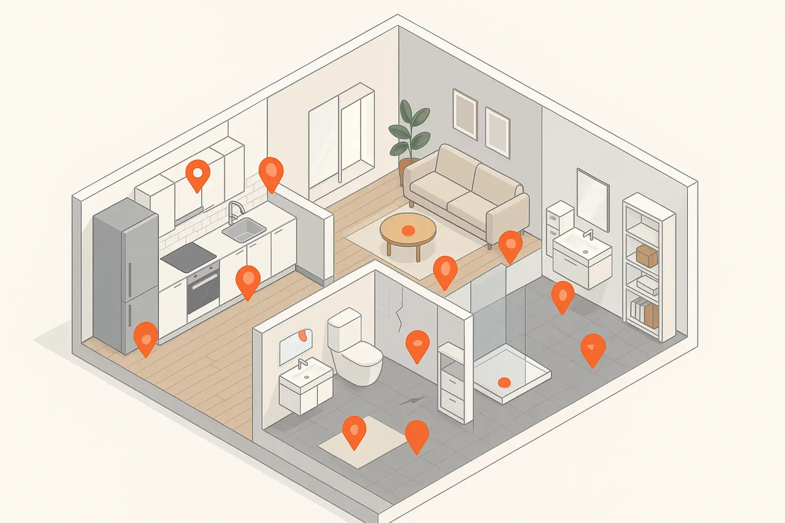 Schéma isométrique montrant les cachettes préférées des blattes dans un logement moderne - zones à risque identifiées