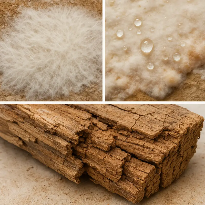 Signes d'identification mérule pleureuse : mycélium, larmes, bois dégradé