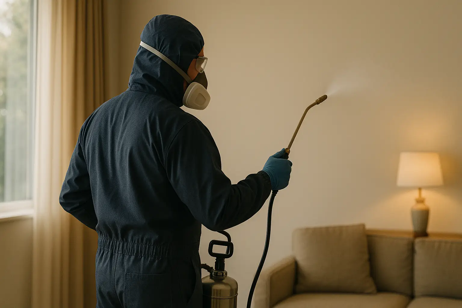 Technicien SOSPUNAISE73 réalisant un traitement chimique professionnel contre les nuisibles en Savoie