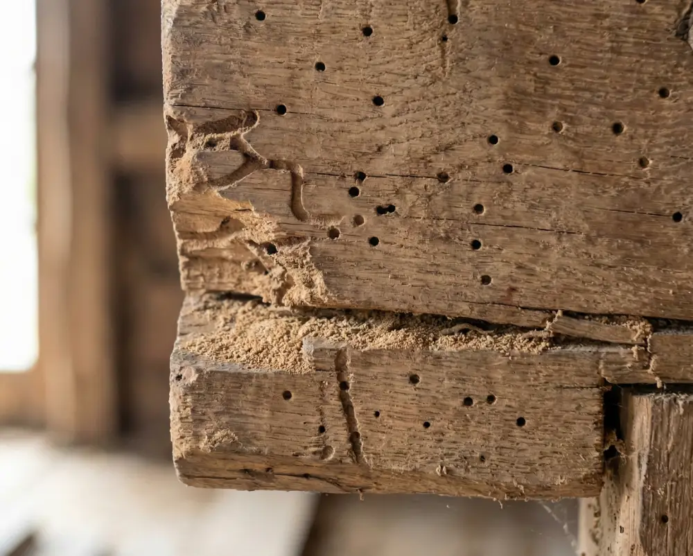 Poutre de charpente attaquée par des insectes xylophages - trous de sortie et vermoulure visibles